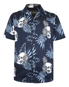 KAM Skull Print Short Sleeve Shirt With Satin Finish Navy
